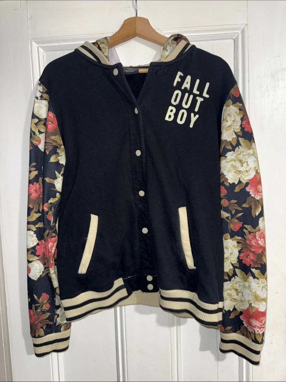 Rare Fall Out Boy Floral Sleeve Varsity Letterman Hooded Jacket Band Merch XL